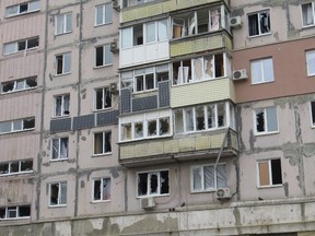 A view shows a residential building, which locals said was damaged by recent shelling, in Mariupol, Ukraine on Feb. 26, 2022. It is now considered the greatest humanitarian concern. It has been surrounded by Russian troops for more than a week.