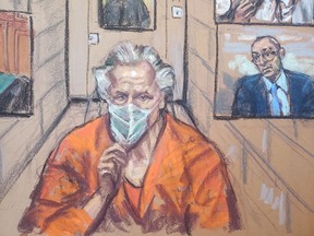 Canadian fashion designer Peter Nygard appears via video feed near a screen of Ontario prosecutor Neville Golwalla during his bail hearing in connection with multiple sexual assault charges in a courtroom in Toronto, Ontario, Canada, in this courtroom sketch January 6, 2022.