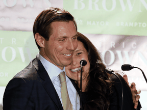 Patrick Brown and his wife Genevieve celebrate his election as mayor of Brampton, Ont., October 22, 2018.