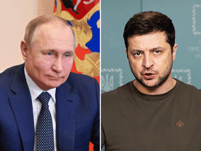 Russian President Vladimir Putin, left, and Ukrainian President Volodymyr Zelenskyy have used oratory in vastly different ways.