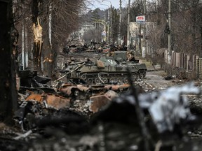 Destroyed Russian armored vehicles in the city of Bucha, west of Kyiv, on March 4, 2022.