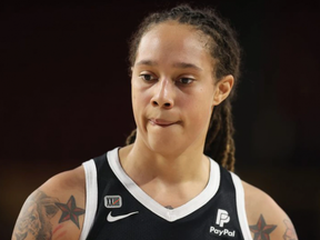 Brittney Griner #42 of the Phoenix Mercury during Game Three of the 2021 WNBA semifinals at Desert Financial Arena on October 03, 2021 in Tempe, Arizona.