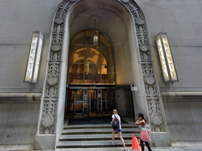 The Exchange Street entrance to the building, with its Art Deco architectural features.