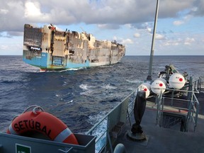 This undated handout image released on March 1, 2022 by Marinha Portuguesa (Portuguese Navy) shows the merchant ship Felicity Ace adrift after a fire broke out on board on Feb. 16 off the Portuguese coast.