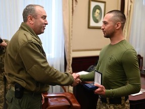 Roman Gribov, known for telling a Russian warship to "Go f--- yourself" received an award on Tuesday, after returning to Ukraine in a prisoner exchange with Russia.