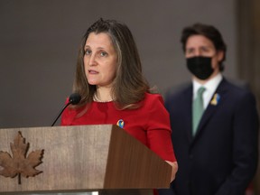 Finance Minister Chrystia Freeland speaks during a news conference following an Incident Response Group meeting on the situation in Ukraine, on Parliament Hill in Ottawa, on Feb. 28.