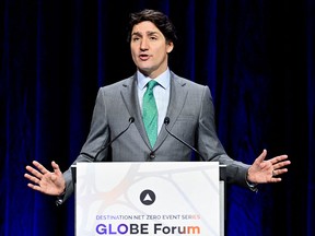 Prime Minister Justin Trudeau makes a keynote speech on his emissions reduction plan at the GLOBE Forum 2022 in Vancouver on March 29, 2022.