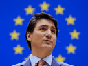 Premierminister Justin Trudeau spricht am Mittwoch, den 23. März 2022, vor dem Europäischen Parlament in Brüssel, Belgien.