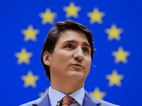 Prime Minister Justin Trudeau addresses the European Parliament in Brussels, Belgium on Wednesday, March 23, 2022.