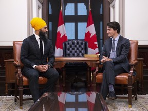 NDP Leader Jagmeet Singh meets with Prime Minister Justin Trudeau on Parliament Hill in Ottawa in 2019.