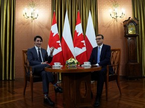 Canadian Prime Minister Justin Trudeau and Polish Prime Minister Mateusz Morawiecki meet, amid Russia's invasion of Ukraine, in Warsaw, Poland, March 10, 2022.