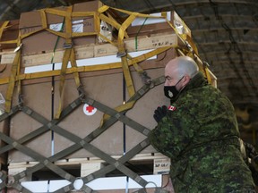 Canadian Forces personnel load supplies to be sent to Ukraine onto a transport aircraft bound for Poland, at CFB Trenton in Trenton, Ont., on March 7.
