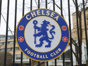 A sign on a gate at Stamford Bridge stadium, the home ground of Chelsea Football Club, owned by Russian billionaire Roman Abramovich, in London.