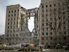 The regional government headquarters of Mykolaiv, Ukraine, following a Russian attack, on March 29, 2022.