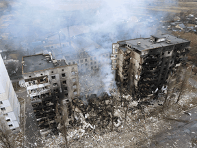 An aerial view shows a residential building destroyed by shelling in Borodyanka as Russia’s invasion of Ukraine continues, March 3, 2022.