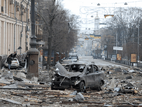 Damage around the regional administration building, which city officials said was hit by a missile attack, in  Kharkiv, Ukraine, March 1, 2022.