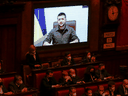 Ukraine President Volodymyr Zelenskyy addresses Italy's parliament via videolink on March 22, 2022.