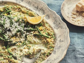 Green barley "risotto" with peas and asparagus from Claudia Roden's Mediterranean