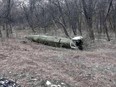 An unexploded short range hypersonic ballistic missile, according to Ukrainian authorities, from  Iskander complex is seen amid Ukraine-Russia conflict in Kramatorsk, Ukraine, in this handout picture released March 9, 2022.