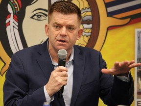 Brian Jean, UCP MLA candidate for Fort McMurray-Lac La Biche, speaks at a forum hosted by McMurray Metis in Fort McMurray on Feb. 26, 2022.