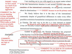 A portion of Canada's "kindergarten-level" annotation to a UN draft resolution by Russia.