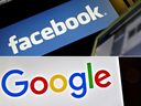 This combination of photos created on July 10, 2017 shows a photo taken on December 12, 2007 of the logo of social networking website 'Facebook' displayed on a computer screen in London, and a photo taken on December 28, 2016 in Vertou, western France, of logo of US multinational technology company Google. - Virtual reality meetings, $7,000 all-in-one kits and digital hot desking: Big Tech is rolling out premium tools as the work-from-home era looks set to last well beyond the pandemic. But experts warn that while top-of-the-line features may benefit privileged Americans, millions of others can barely access remote work tools already available. Facebook has unveiled online 