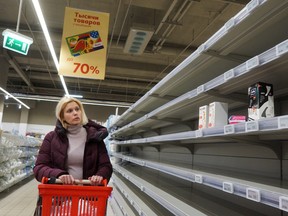 A food store in Moscow reveals the dearth of choice for Russian shoppers on March 16.