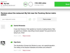 Reviews for one of Russia's most popular seafood restaurants opposing Russian military action in Ukraine.