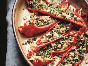 Stuffed peppers with breadcrumbs, anchovies, olives and capers from Claudia Roden's Mediterranean