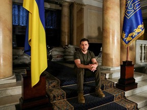 Ukrainian President Volodymyr Zelenskyy poses after an interview with Reuters in Kyiv, Ukraine, March 1, 2022.