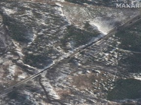 A satellite image shows trucks and equipment in convoy in the southeast of Ivankiv, amid Russia's invasion of Ukraine, in Ukraine, March 10.