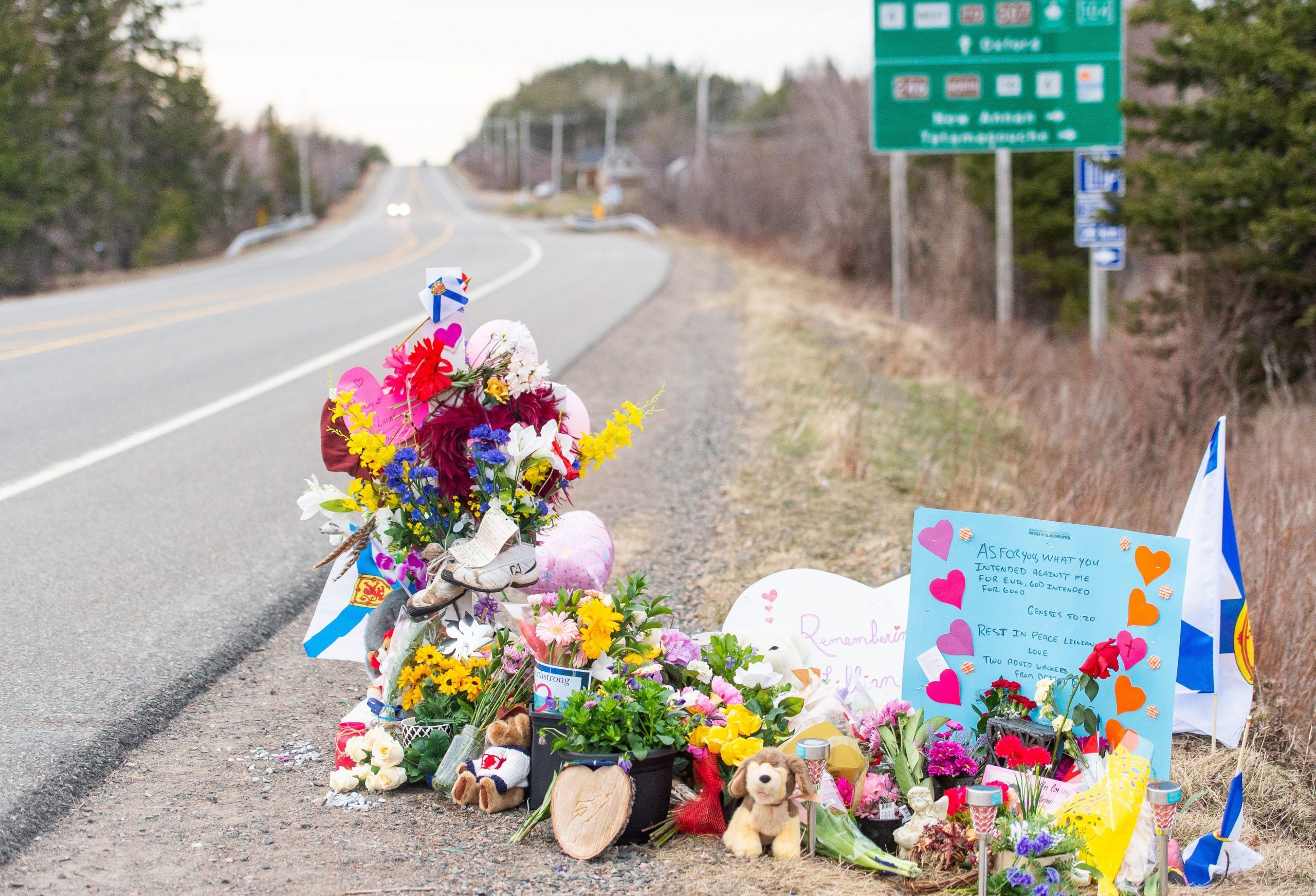 A memorial remembering Lillian Hyslop is seen along the road in Wentworth, N.S. on Friday, April 24, 2020.