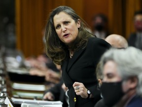 Minister of Finance Chrystia Freeland stands during question period in the House of Commons on Parliament Hill in Ottawa on Tuesday, March 29, 2022. THE CANADIAN PRESS/Sean Kilpatrick
