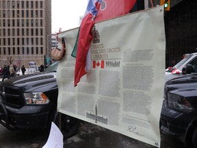 A Charter of Rights Freedoms poster at the Freedom Convoy demonstration downtown Ottawa on February 08, 2022.
Photo by Jean Levac/Postmedia