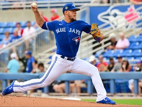 Jose Berrios delivers a pitch to the Philadelphia Phillies in the first inning during a Grapefruit League spring training game at TD Ballpark in Dunedin, Fla. on April 02.