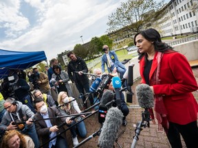 Canadian Defense Minister Anita Anand speaks to the media during the Ukraine Security Advisory Group meeting at Ramstein Air Base April 26, 2022 in Ramstein-Miesenbach, Germany.