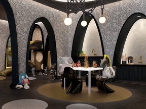 Black-trimmed arches and Keith Haring wallpaper are features of the kids’ play area.