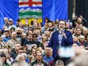 Pierre Poilievre, a candidate for Conservative party leadership, speaks at Spruce Meadows in Calgary on April 12.