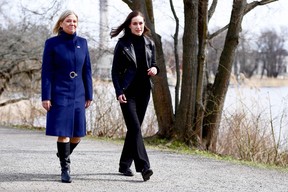 Swedish Prime Minister Magdalena Andersson, left, and Finnish Prime Minister Sanna Marin will lead a meeting on whether to apply for NATO membership in Stockholm, 13 April 2022.