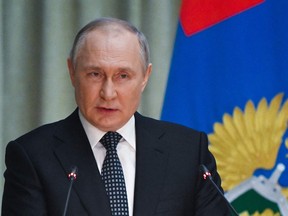 Russian President Vladimir Putin gives a speech at a meeting of Russian prosecutors in Moscow on April 25, 2022.