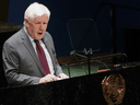 Canadian Ambassador to the UN Bob Rae speaks during an emergency special session of the UN General Assembly on Russia's invasion of Ukraine, February 28, 2022.