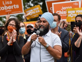 Canada's New Democratic Party (NDP) leader Jagmeet Singh speaks to supporters during an election campaign tour in Halifax, Nova Scotia, Canada September 17, 2021. REUTERS/Ingrid Bulmer