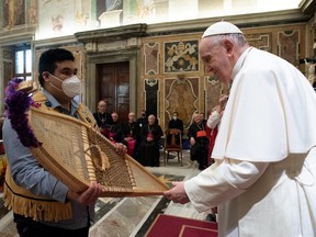 Pope Francis holds an audience in the Clementine Hall of the Apostolic Palace with indigenous delegations from Canada at the Vatican, April 1, 2022.