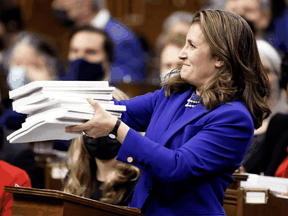 Finance Minister Chrystia Freeland tables the 2022-23 budget in the House of Commons on April 7, 2022.