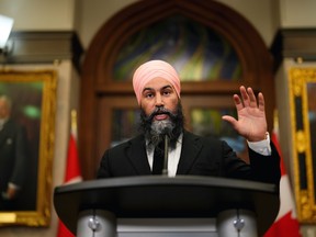 NDP Leader Jagmeet Singh speaks in reaction following the release of the federal budget on April 7, 2022.