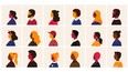 People profile. Cartoon multiethnic man and women character user avatars, trendy minimal person side view collection. Male and female old and young age portraits vector different race simple style set