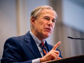 Texas Governor Greg Abbott speaks during the Houston Region Business Coalition's monthly meeting on October 27, 2021 in Houston, Texas.