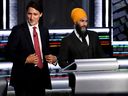 Der liberale Vorsitzende Justin Trudeau und der NDP-Vorsitzende Jagmeet Singh nehmen am 9. September 2021 an einer Bundestagswahldebatte in Gatineau, Kanada, Teil. Justin Tang/Pool via REUTERS/File Photo