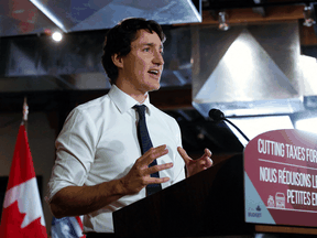 Prime Minister Justin Trudeau speaks during a visit to Edmonton on April 12, 2022.