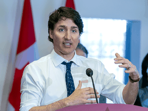 Prime Minister Justin Trudeau speaks in Dalhousie, N.B., on Tuesday, April 19, 2022. Trudeau said Canada will send heavy artillery weapons to Ukraine but gave no details about what kind of weapons they will be or when they will be delivered.